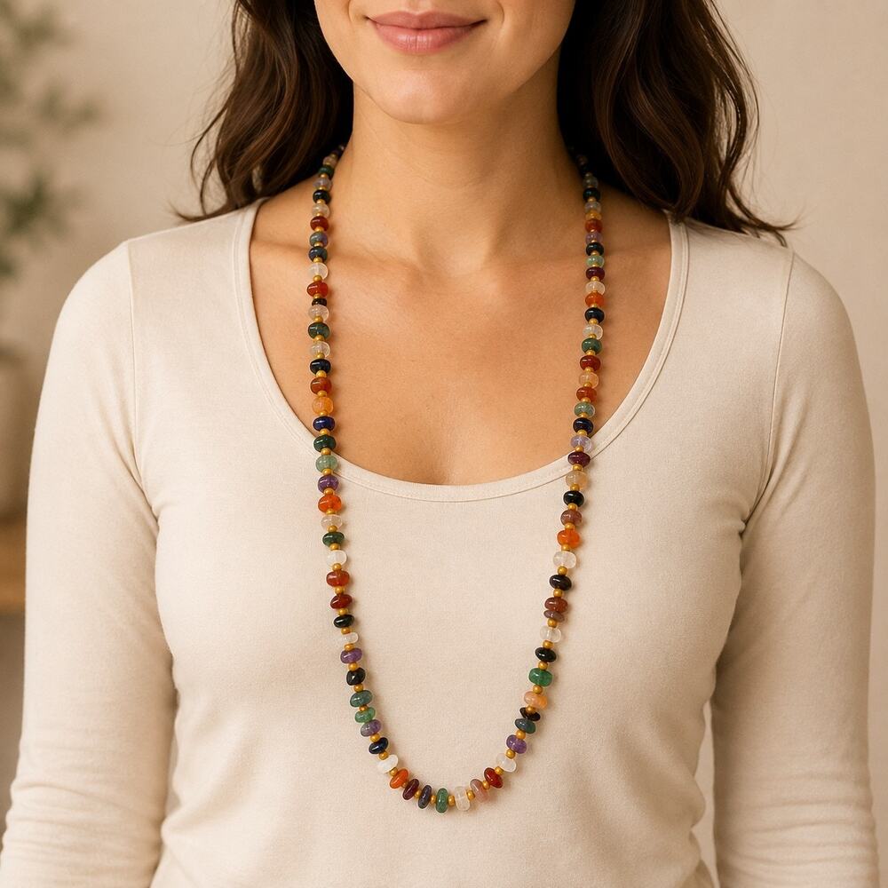 Multicolor Stone Chip Bead Necklace Cream Tone Spacers 30 Inch N645